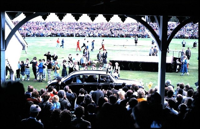 The royal party arriving at the Braemar Highland Games in 1981