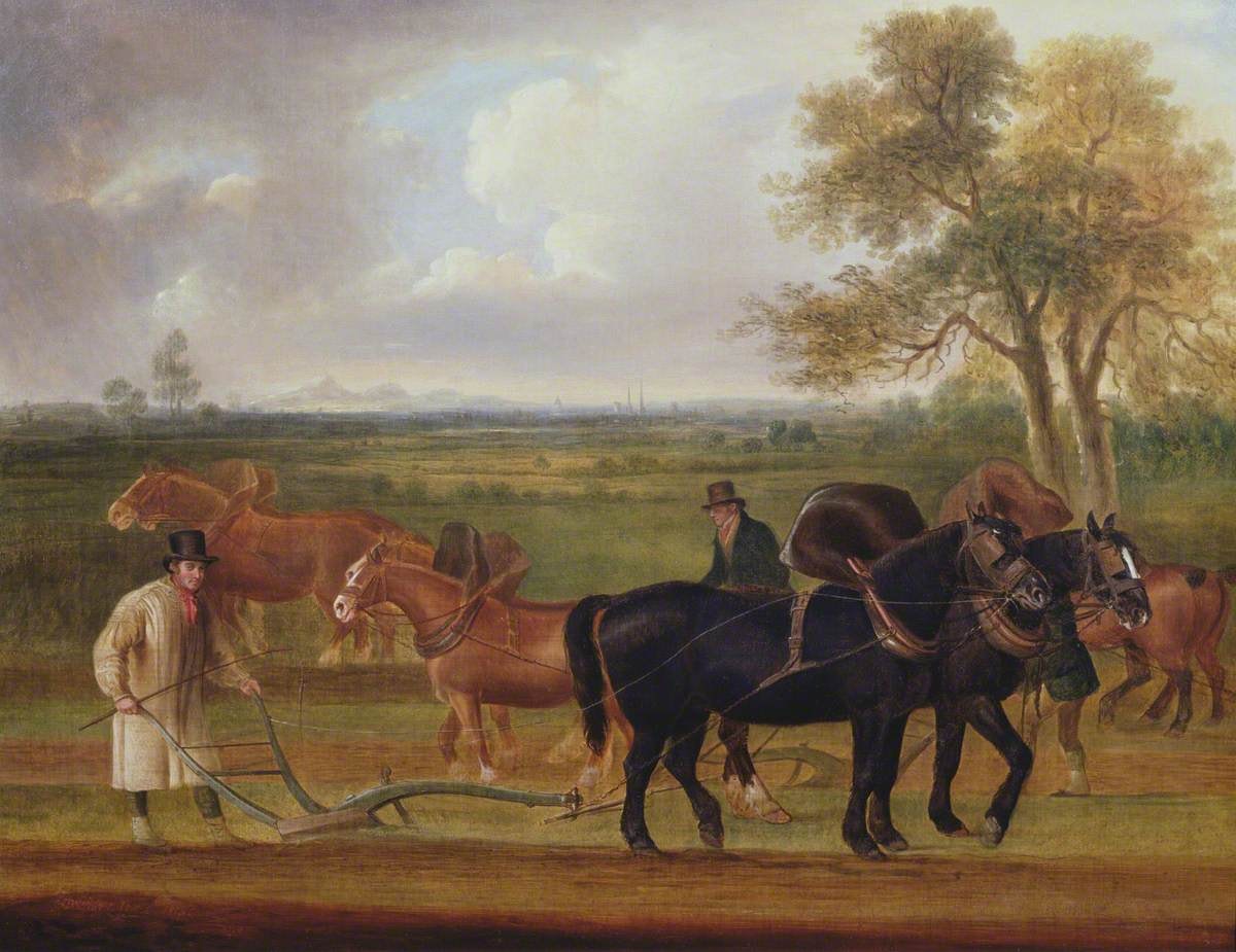 Painting of a ploughman in a smock at a wooden plough behind two black horses in collars and harness, other teams behind