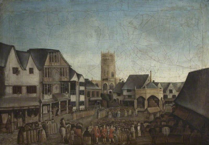 Eighteenth-century painting of a crowded fair in a town square of timber-framed houses, with a church tower behind