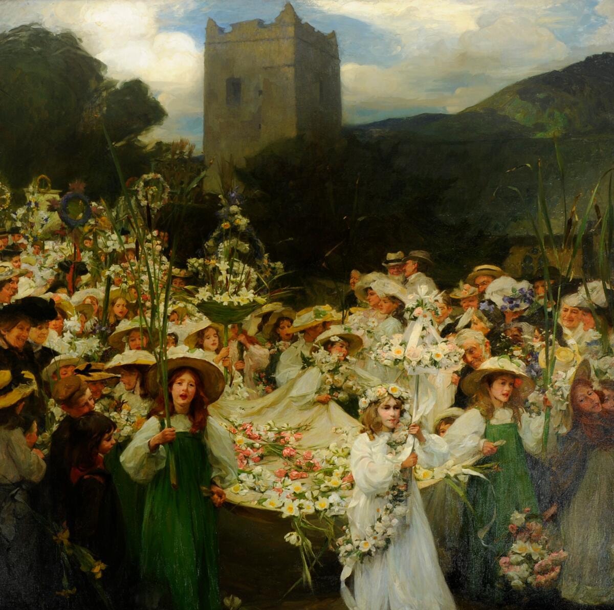 Medieval stone tower in mountainous landscape with crowd of figures in white and green garments surrounded by abundant white