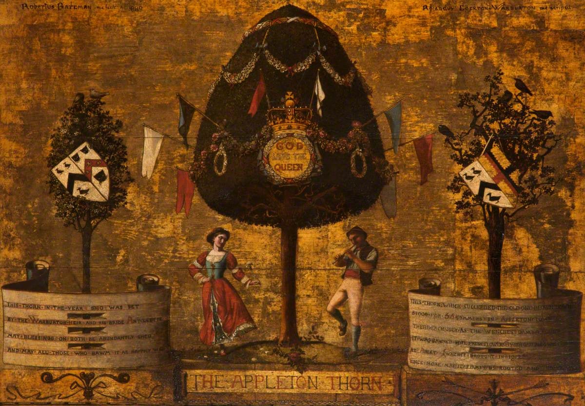 Historical heraldic emblem on aged gold background, featuring a crowned shield with "God Save the Queen" inscription, suspend